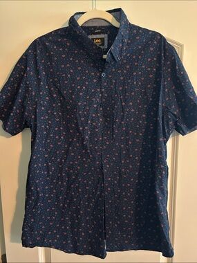 Lee Navy Short-Sleeve Button-Down Shirt with Small Red Floral Pattern